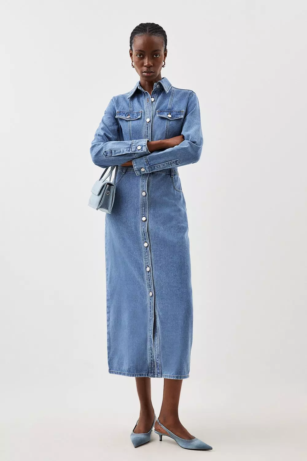 Blue long shop sleeve shirt dress